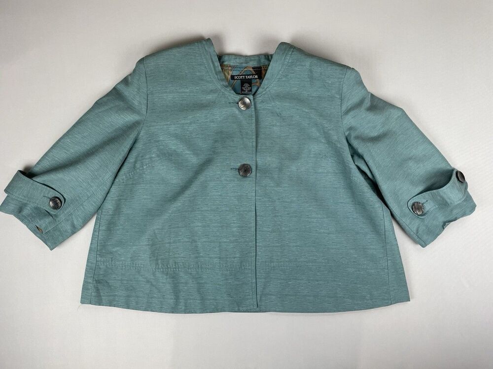 Scott Taylor Button Up Top Jacket Shacket Women’s 2X Teal Blue 3/4 Sleeve Preppy
